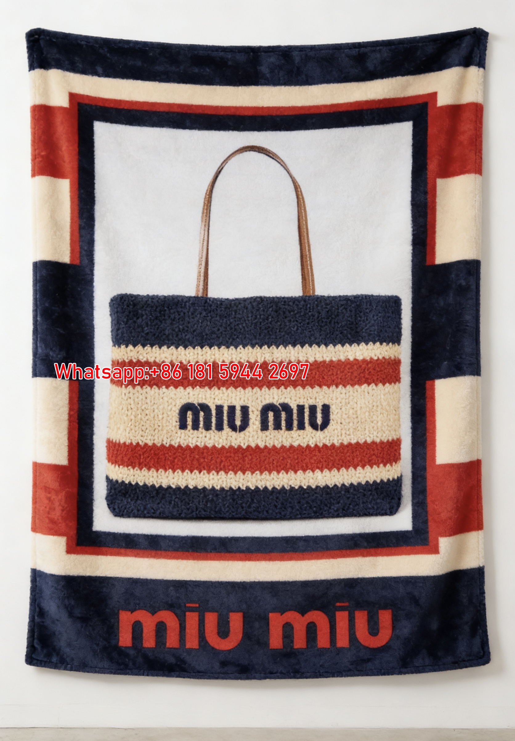 Miu Miu Striped Crochet Tote Bag Navy Red Beige Flannel Throw Blanket Miu Miu Graphic Printed Sofa Blanket IMG_0371